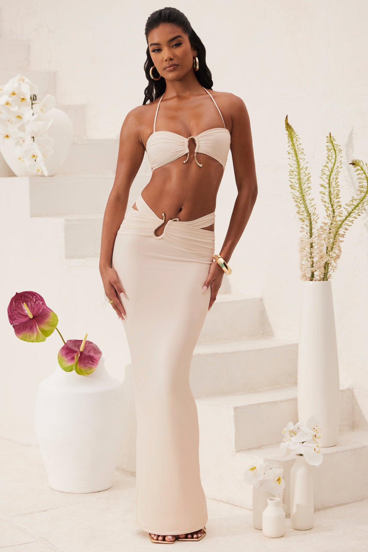 Ruched Bandeau Hardware Detail Crop Top in Ivory