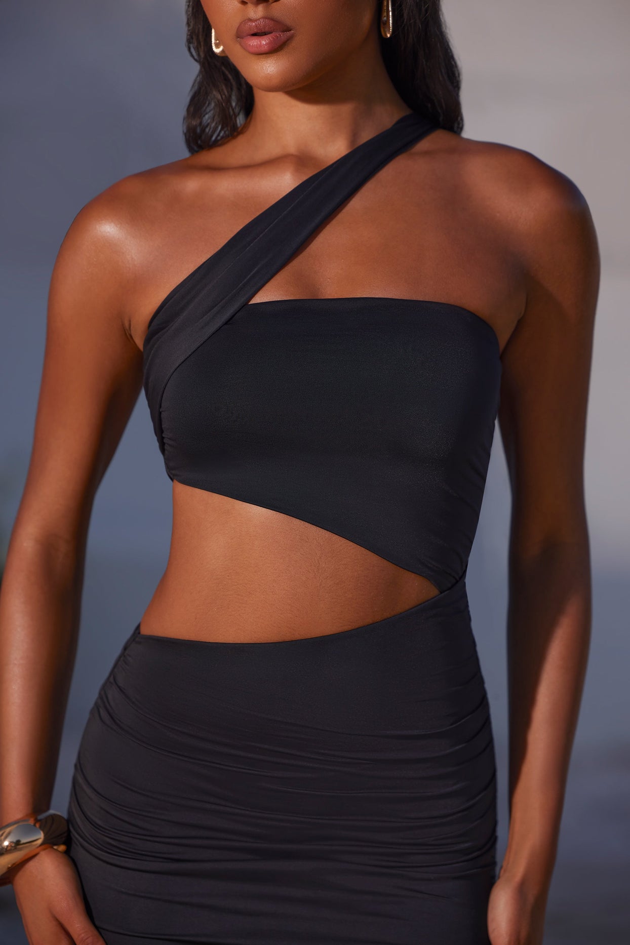 Asymmetric Neckline Ruched Cut Out Maxi Dress in Black Asymmetric Neckline Ruched Cut Out Maxi Dress in Black