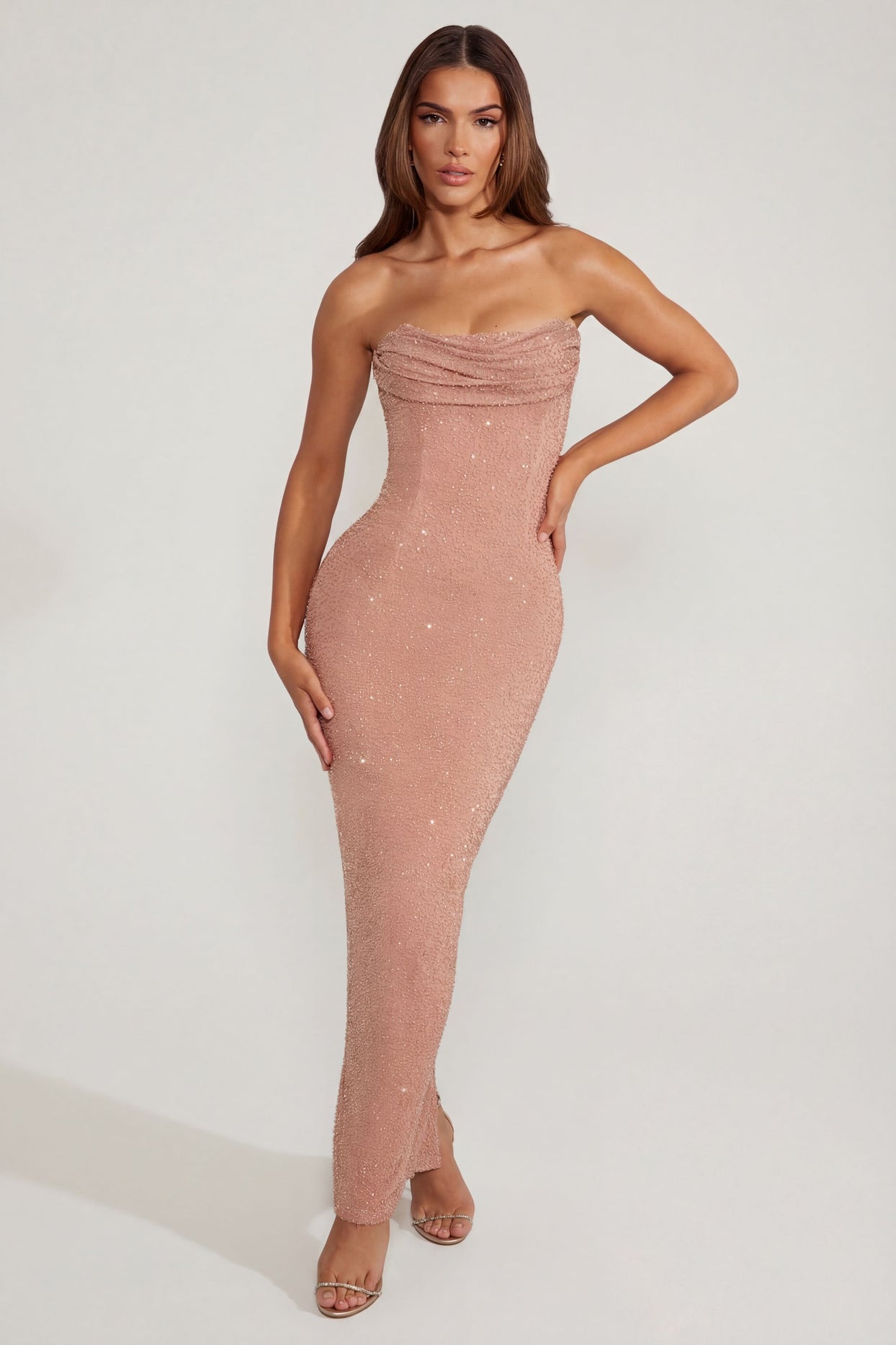 Oh Polly's Arbenita wearing the Palermo Maxi Dress in Beige Embellished fabric perfect for summer weddings