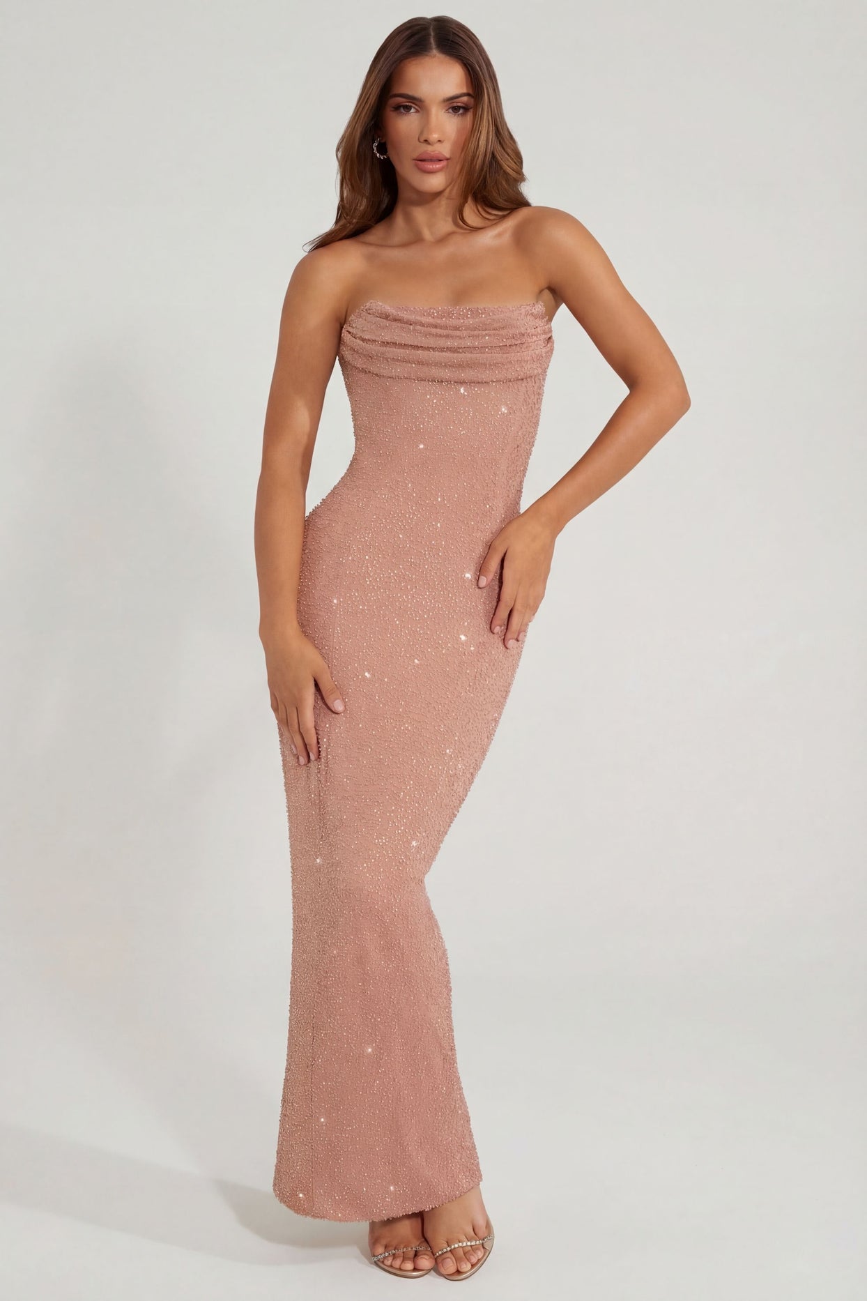 Oh Polly's Arbenita wearing the Palermo Maxi Dress in Beige Embellished fabric perfect for formal dinner parties