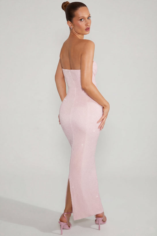 Oh Polly's Megi wearing the Palermo Maxi Dress in Blush Embellished fabric perfect for summer weddings