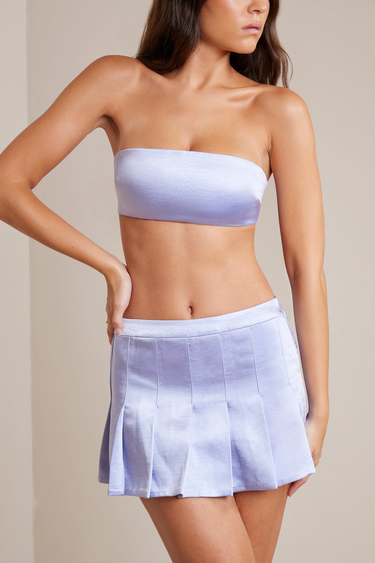 Satin Low-Rise Pleated Mini Skirt in Periwinkle