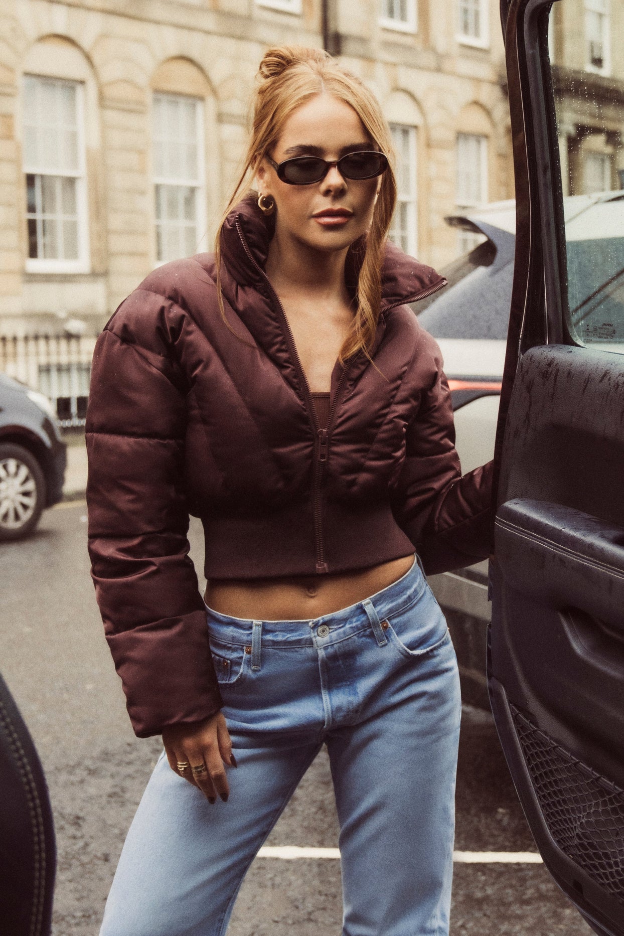 Ribbed Puffer Jacket in Brown - Main Image