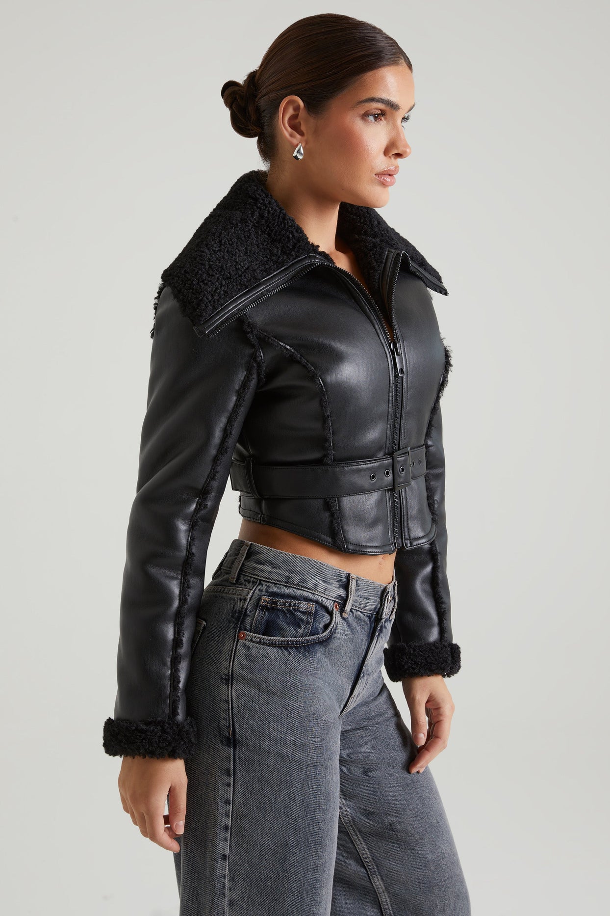 Jacket with Shearling Collar and Trim in Black