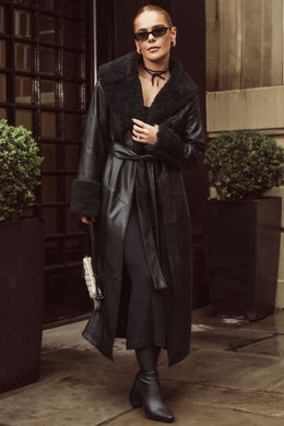 Tie Up Coat with Shearling Collar and Cuffs in Black