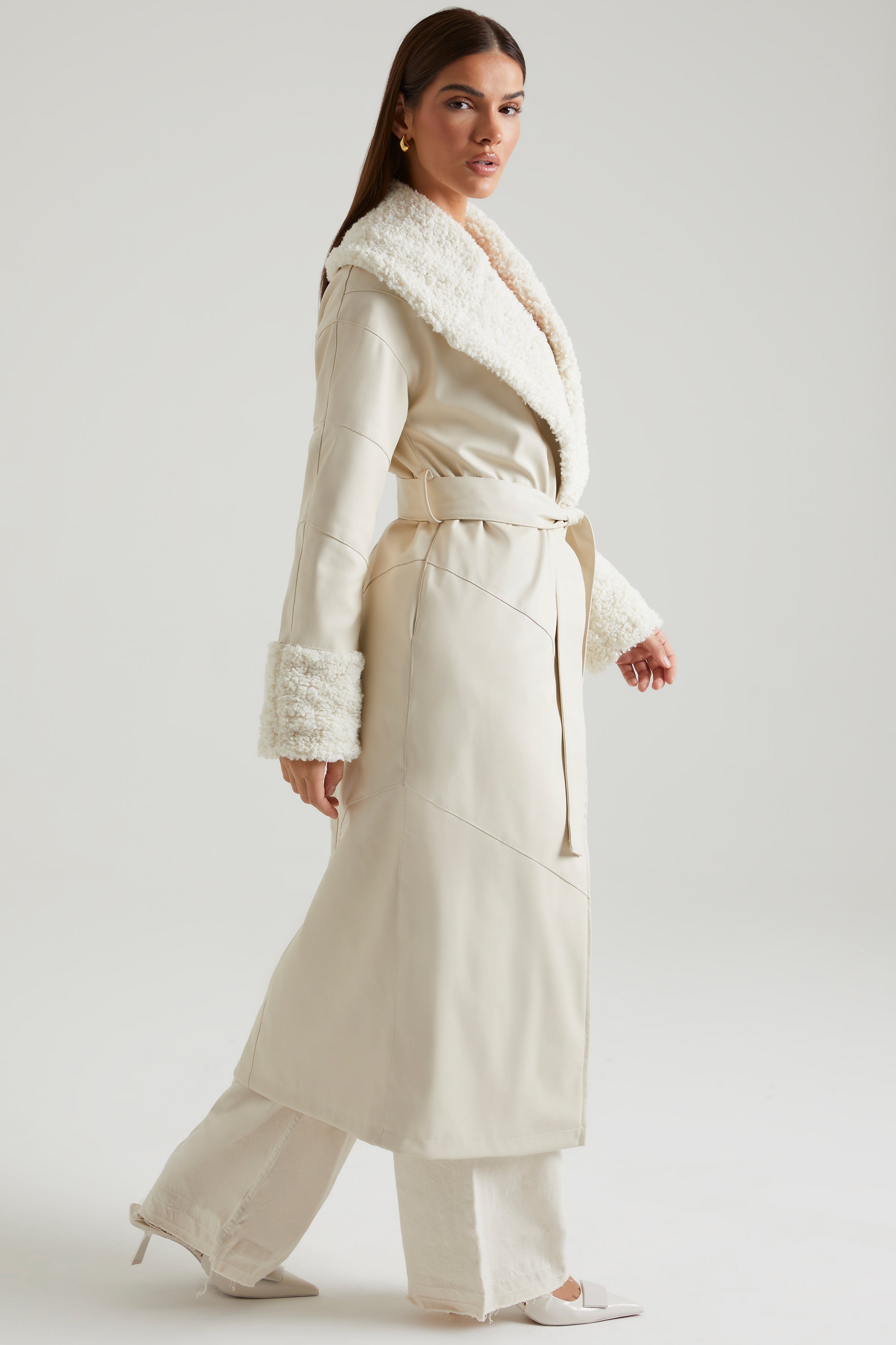 Lumi Tie Up Coat with Shearling Collar and Cuff in Cream Oh Polly