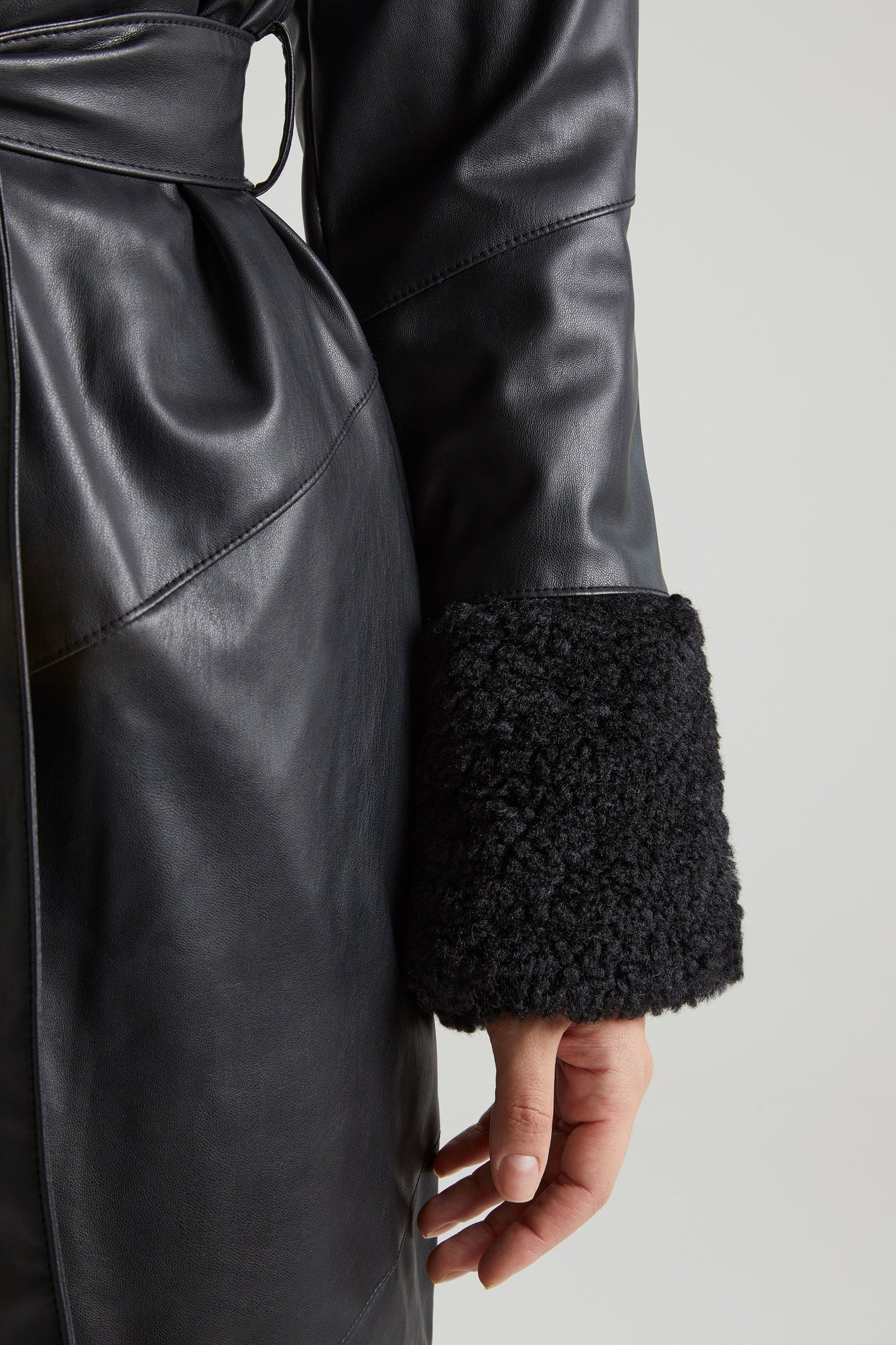 Tie Up Coat with Shearling Collar and Cuffs in Black