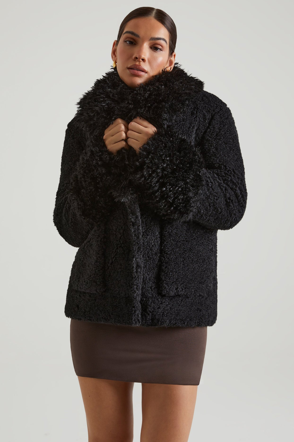 Wynter Shearling Coat with Large Front Pockets in Black Oh Polly
