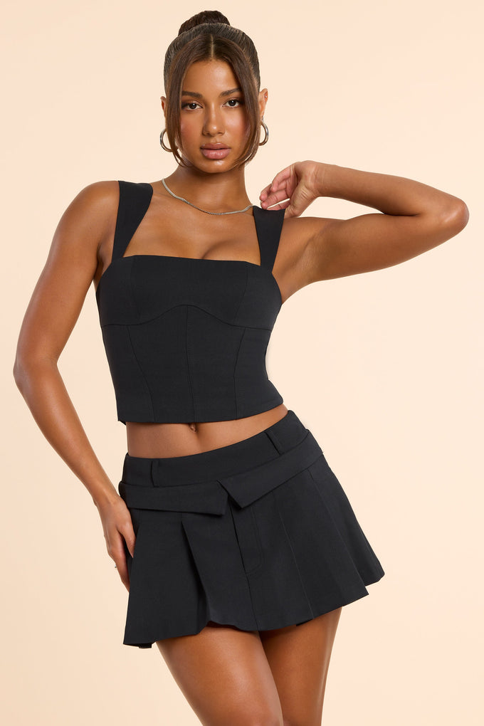 Brushed Twill Mid Rise Pleated Micro Mini Skirt in Black