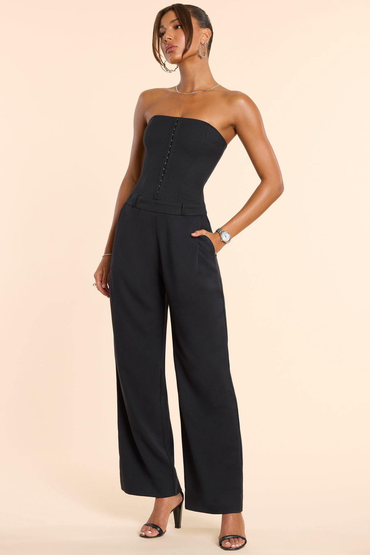 Petite Brushed Twill Bandeau Corset Jumpsuit in Black