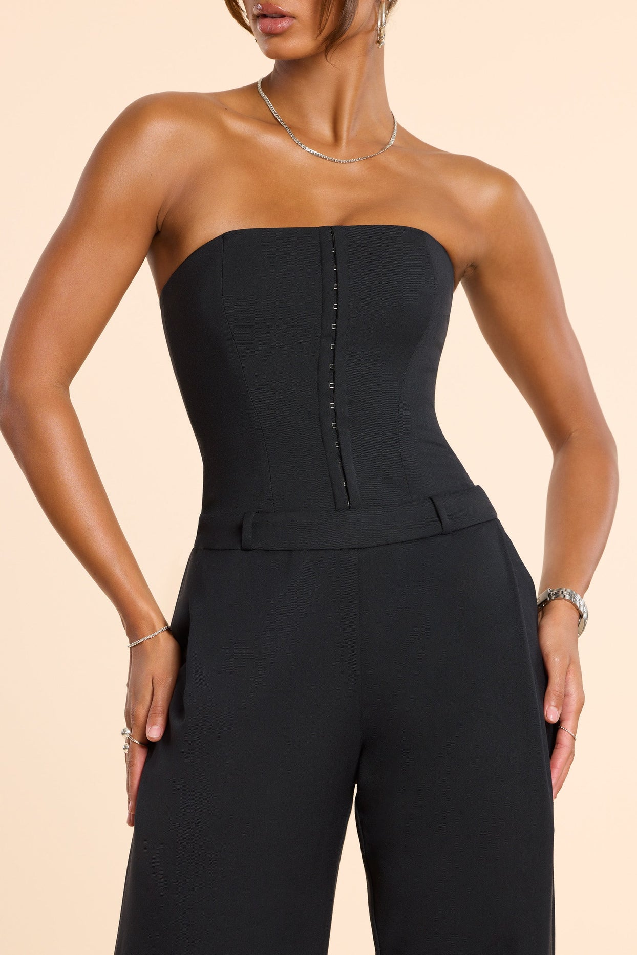 Petite Brushed Twill Bandeau Corset Jumpsuit in Black