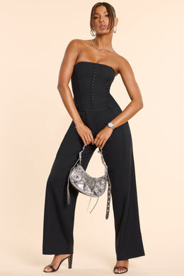 Petite Brushed Twill Bandeau Corset Jumpsuit in Black