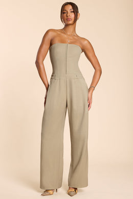 Brushed Twill Bandeau Corset Jumpsuit in Taupe