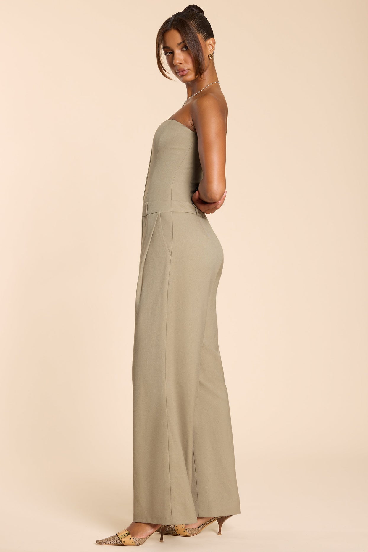 Tall Brushed Twill Bandeau Corset Jumpsuit in Taupe
