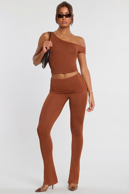 Oh Polly's Kiele wearing the Anona Regular Trousers in Chestnut Brown Modal fabric perfect for office chic looks