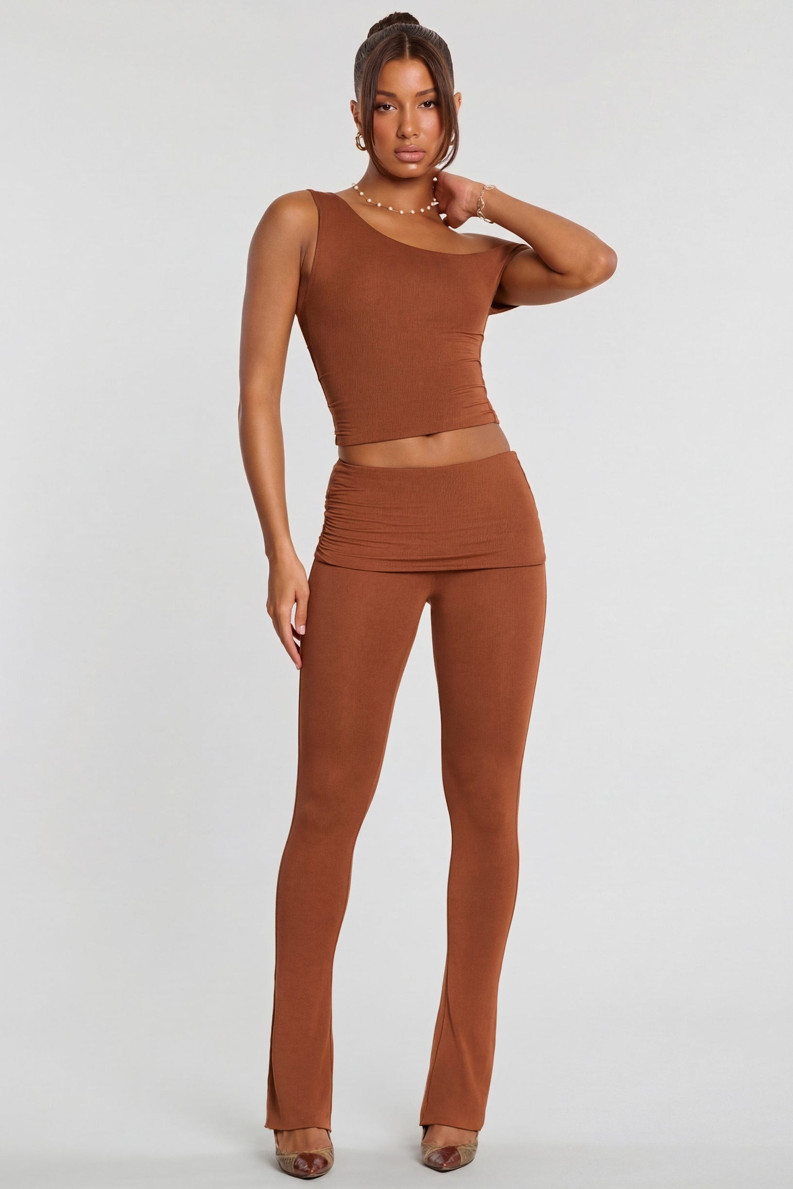 Mid Rise Modal Cashmere Blend Trousers in Chestnut Brown - 2