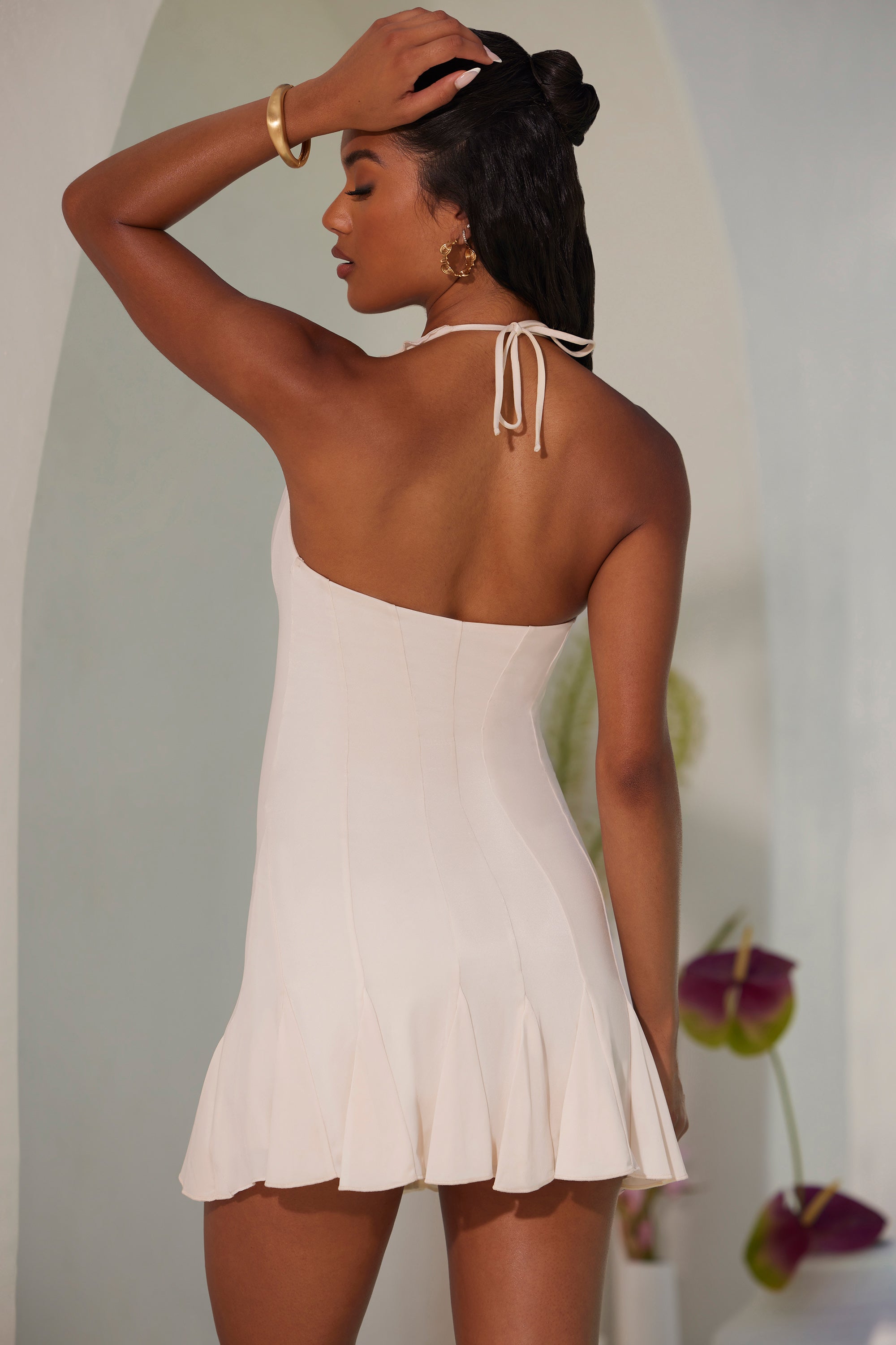 Sienna Halter Neck Ruffle A Line Mini Dress in Ivory Oh Polly