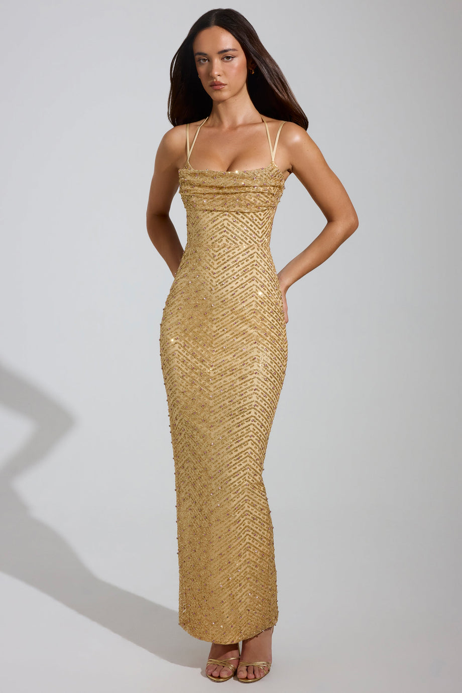 Embellished Cowl-Neck Maxi Dress in Gold