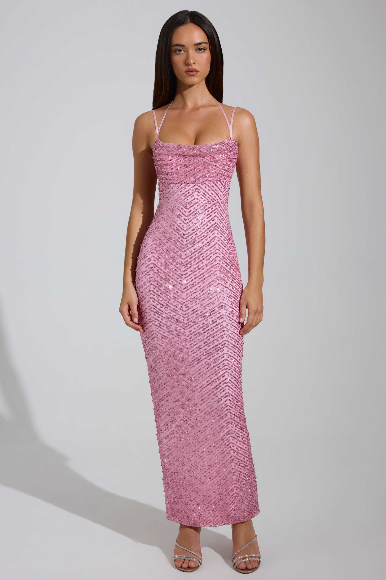 Embellished Cowl-Neck Maxi Dress in Pink - 1