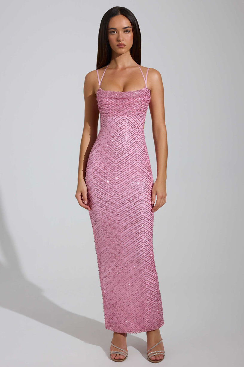 Embellished Cowl-Neck Maxi Dress in Pink - 1