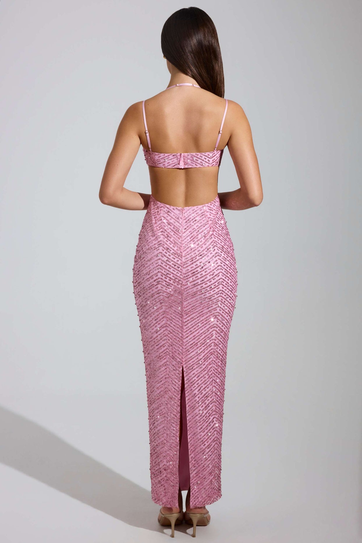 Embellished Cowl-Neck Maxi Dress in Pink