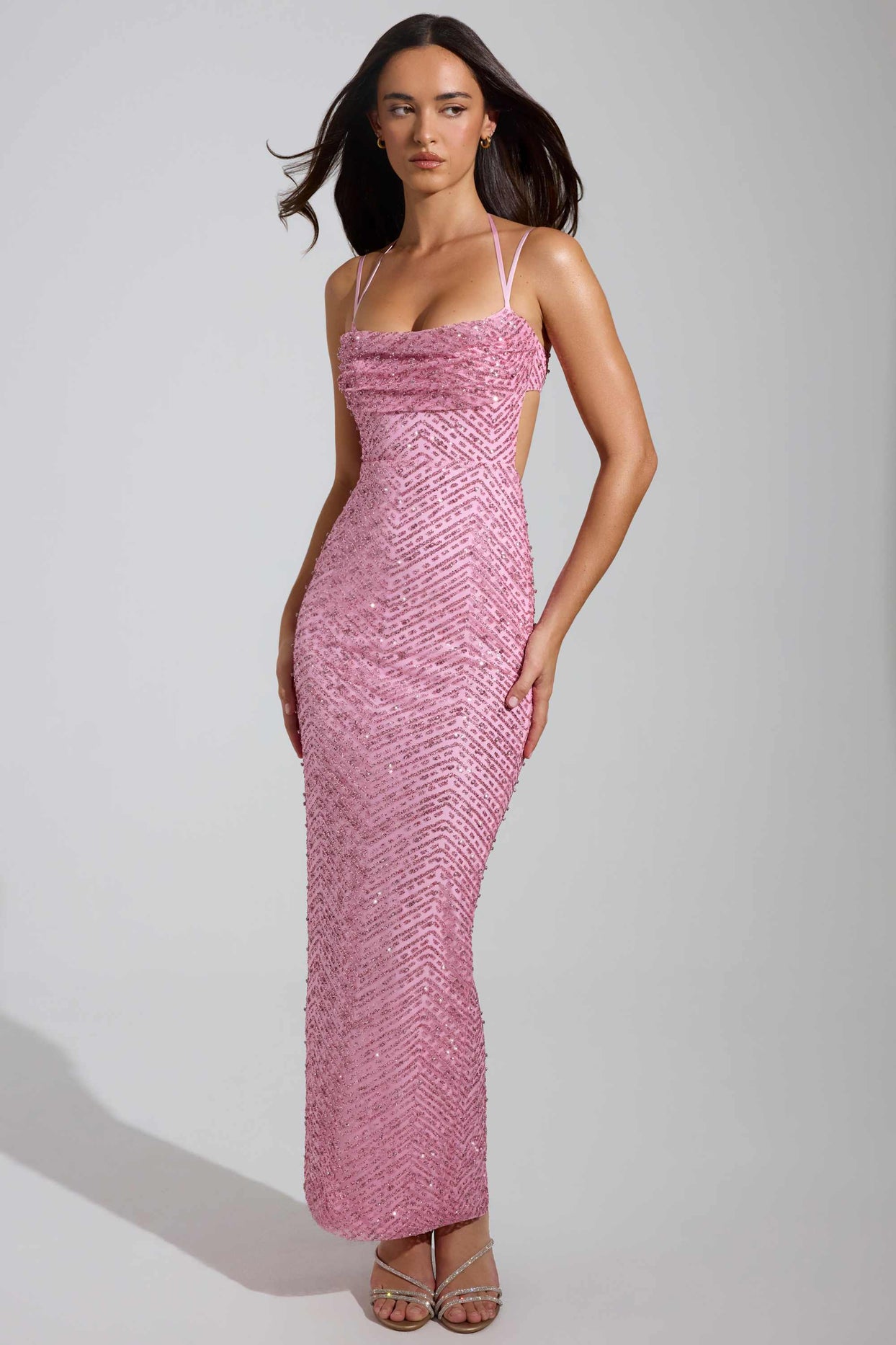 Embellished Cowl-Neck Maxi Dress in Pink