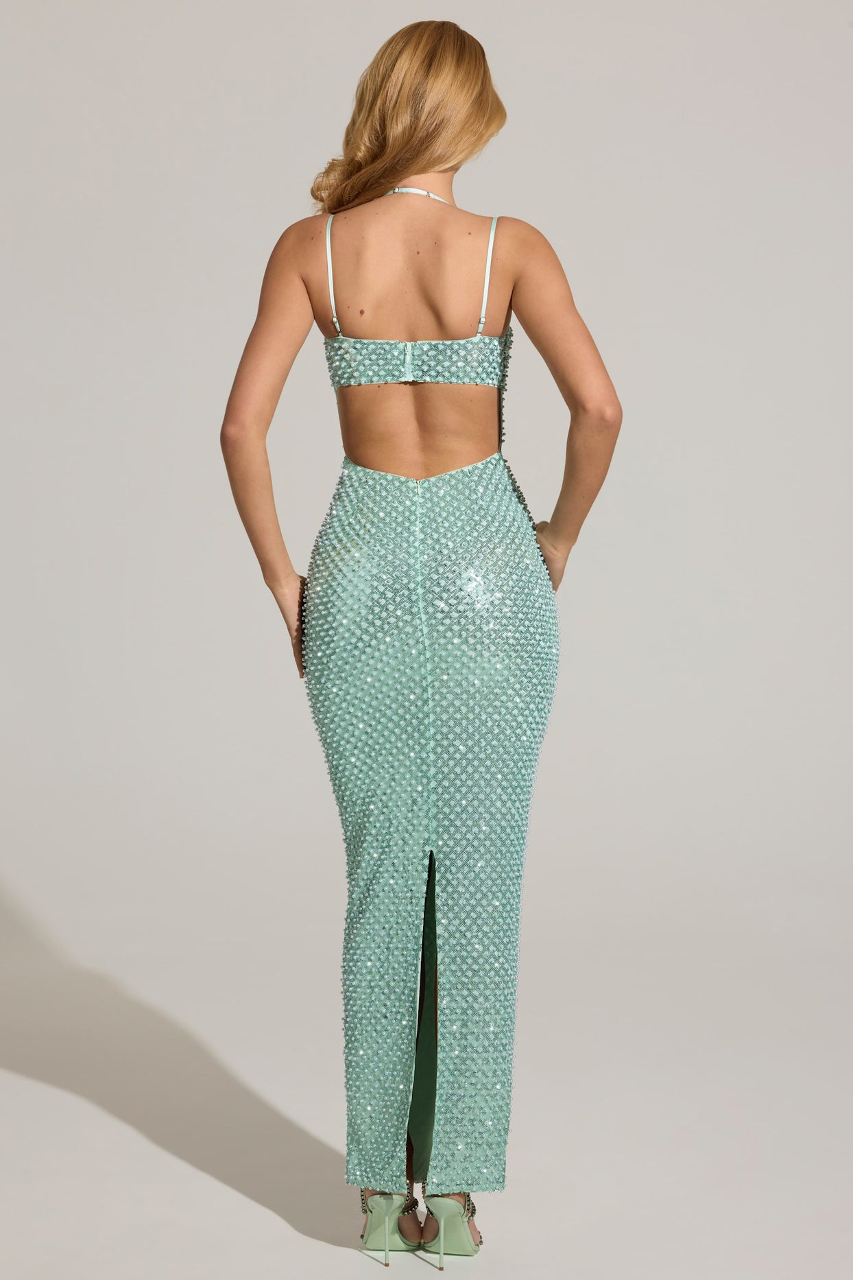 Embellished Cowl-Neck Maxi Dress in Aqua Blue - 3