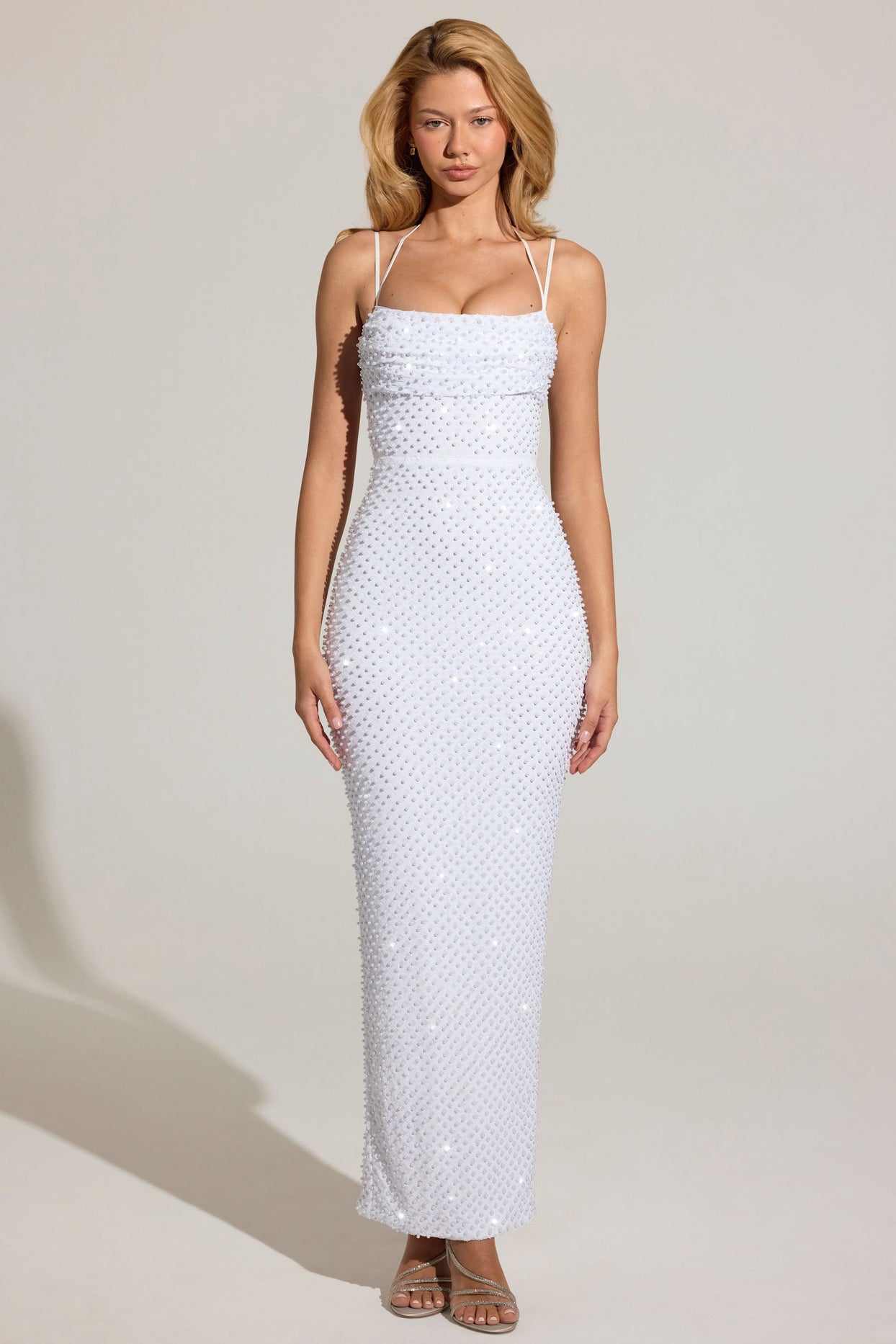 Embellished Cowl-Neck Maxi Dress in White - 8