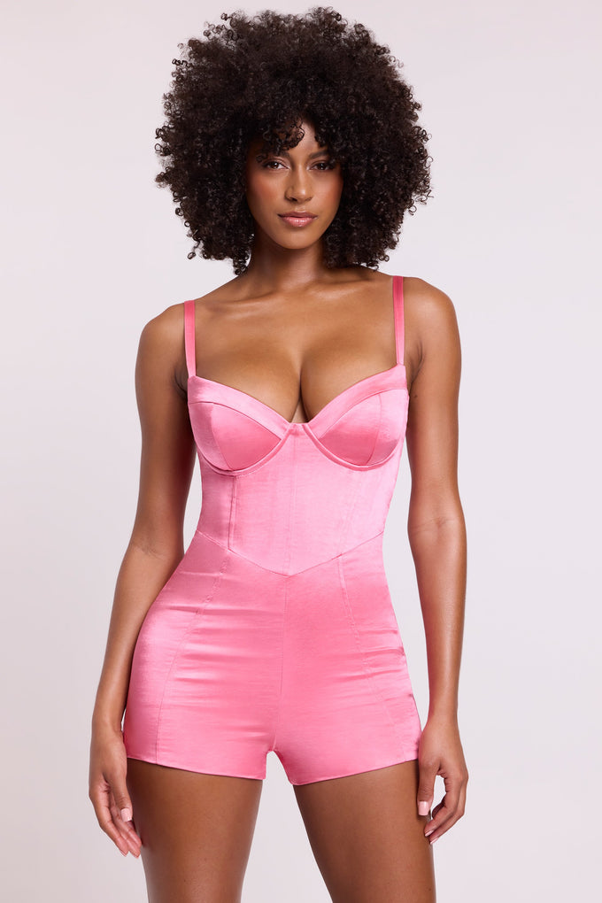 Satin Corset Playsuit in Pink