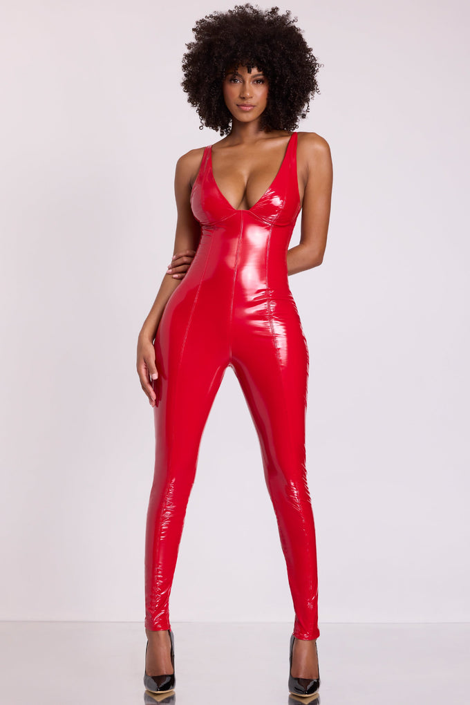 Petite Vinyl Plunge Neck Catsuit in Fire Red