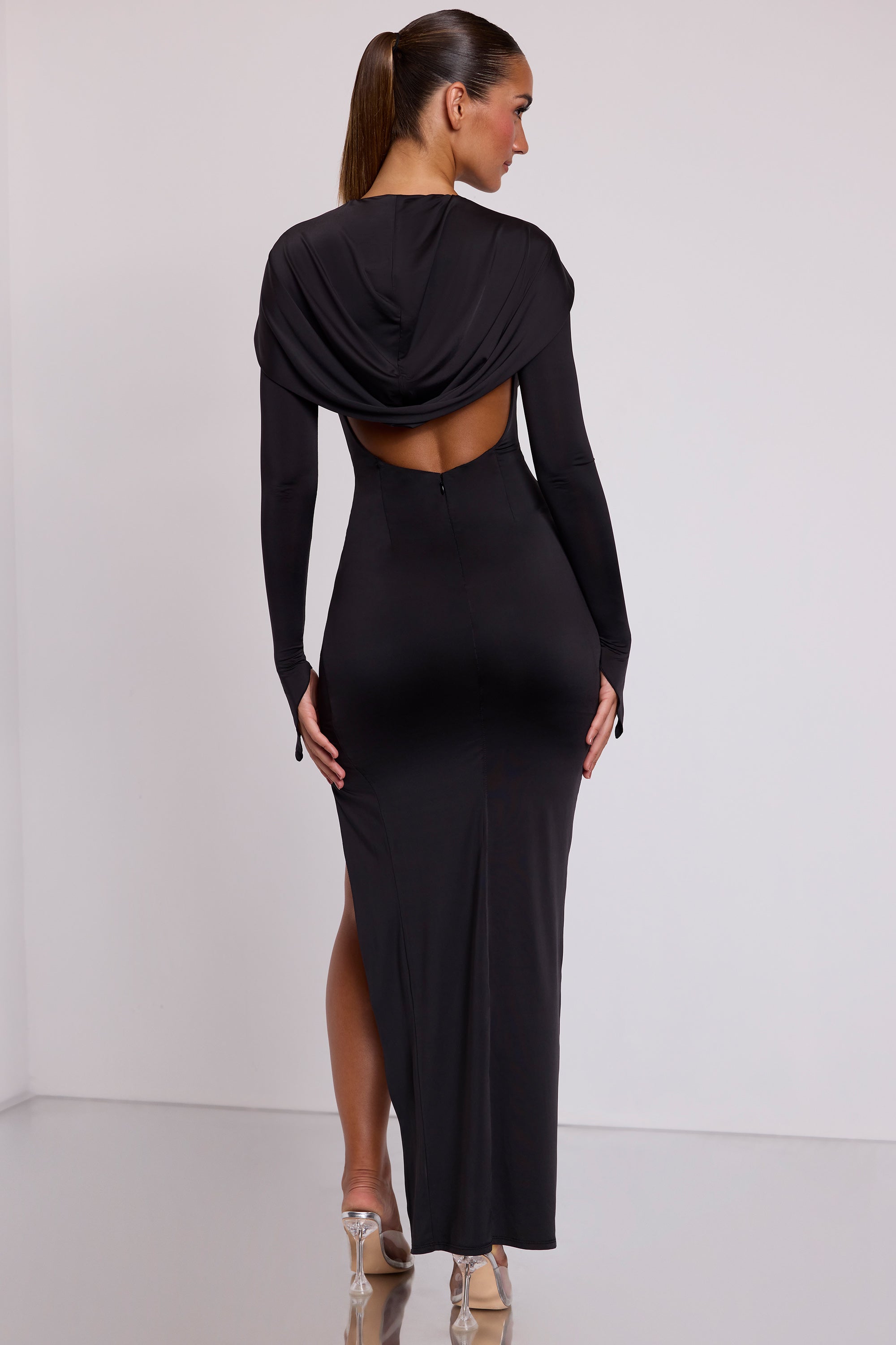 black long sleeve hooded dress Desdemona Hooded Long Sleeve Maxi Dress in Black