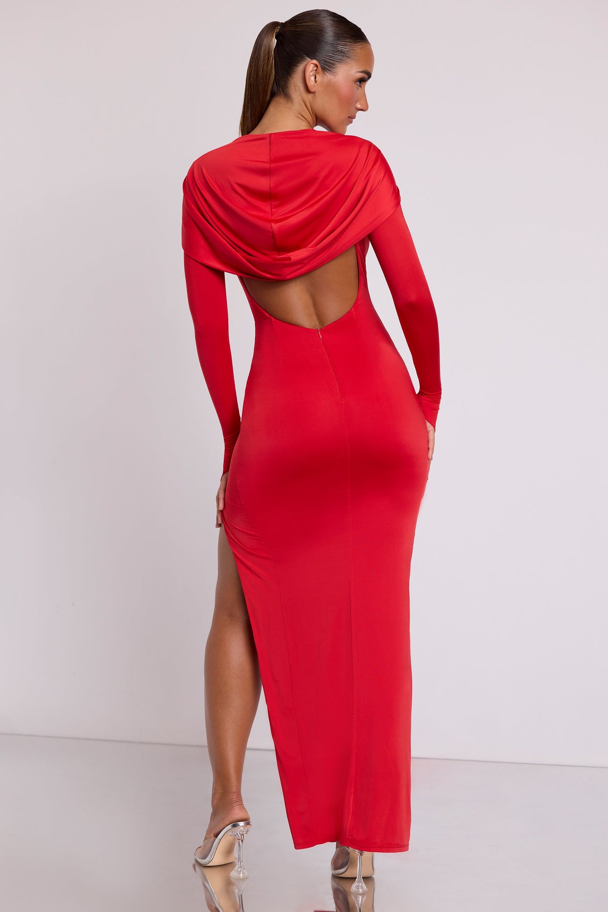 Hooded Long Sleeve Maxi Dress in Fire Red Hooded Long Sleeve Maxi Dress in Fire Red