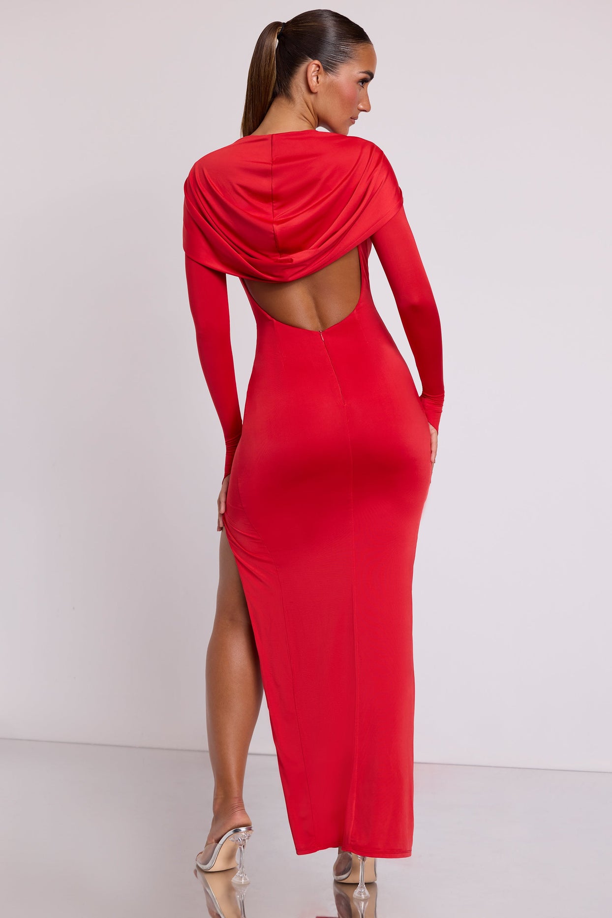Hooded Long Sleeve Maxi Dress in Fire Red