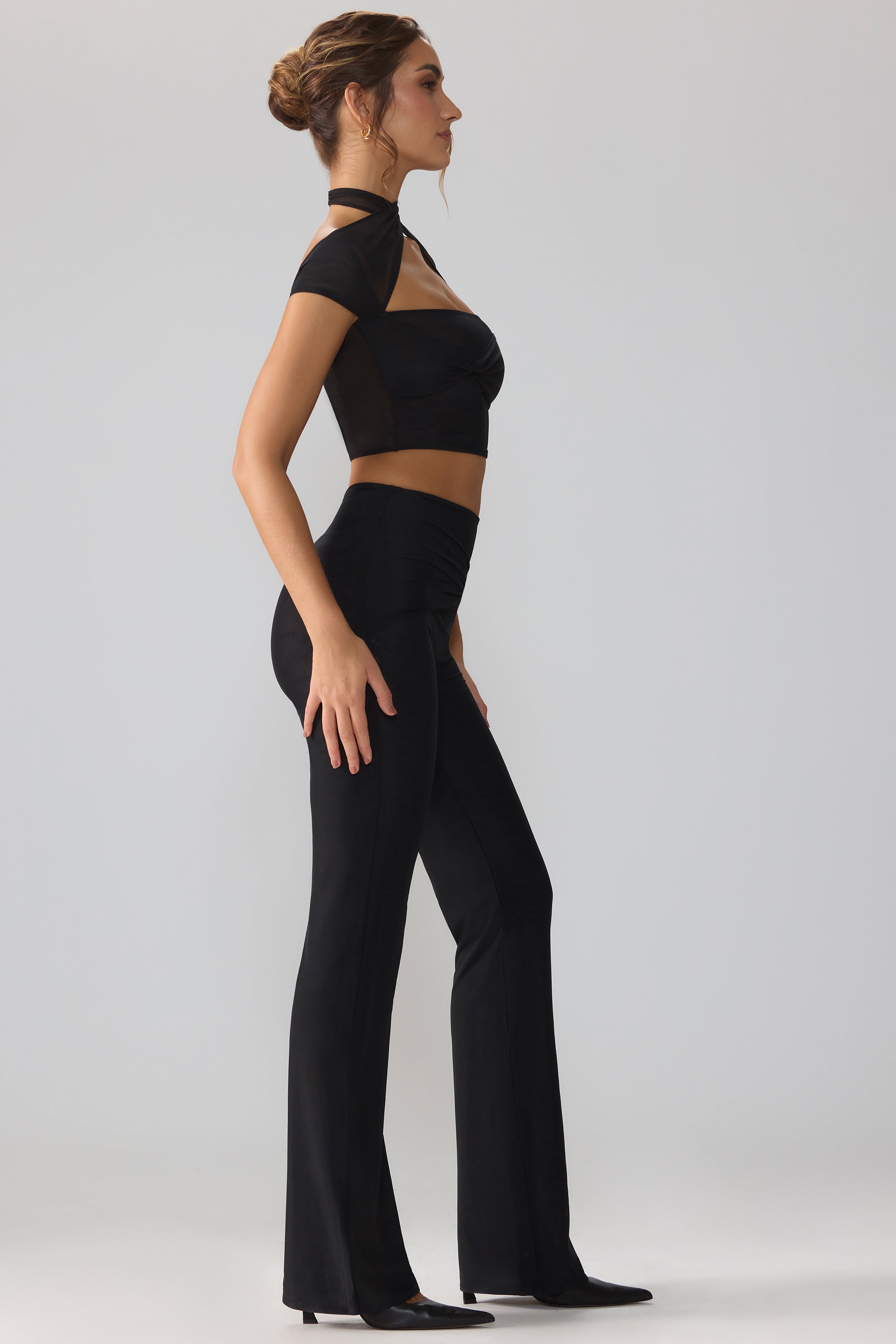 Black mesh flared shops trousers