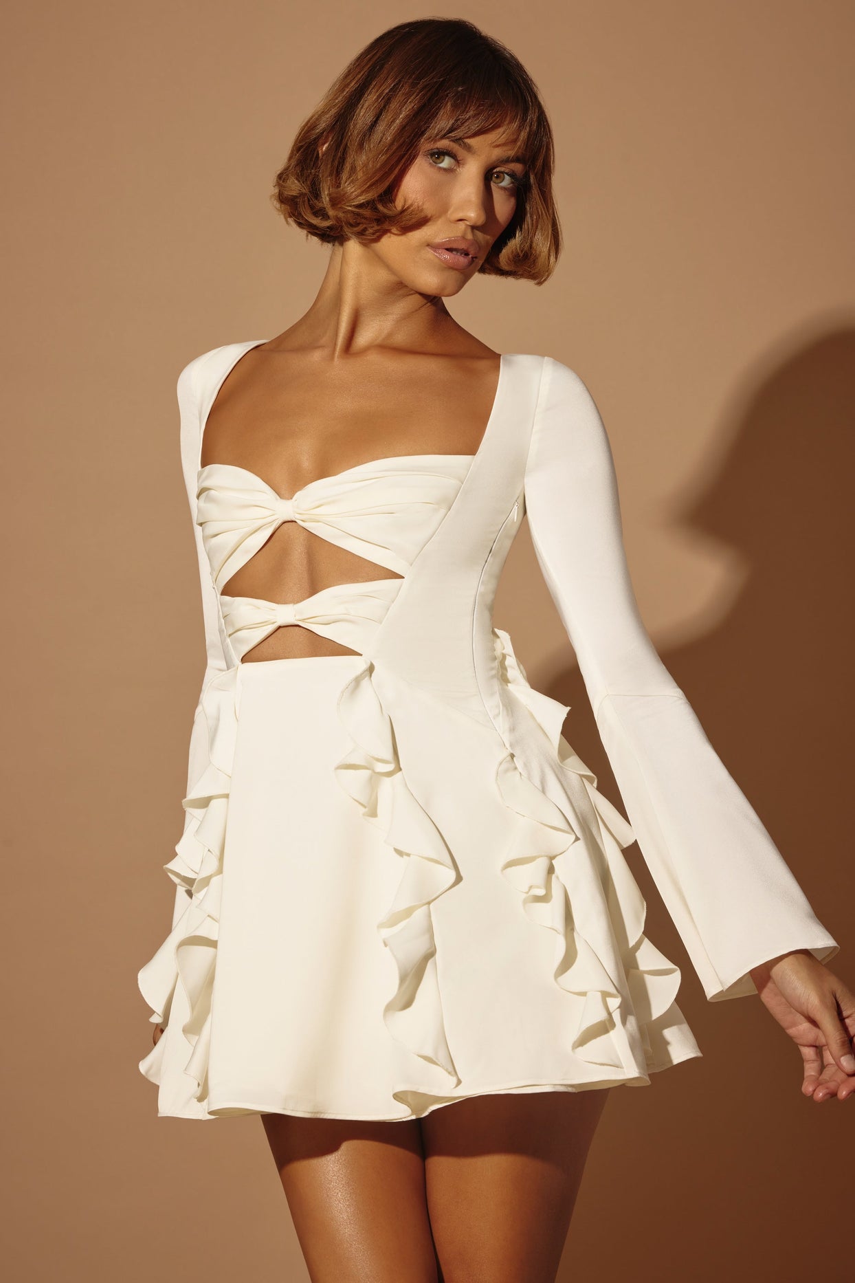 Long Sleeve Bow Mini Dress in Ivory