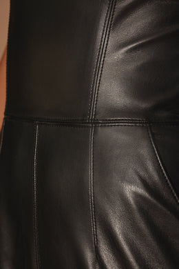 Petite Strapless Wide Leg Vegan Leather Jumpsuit in Black