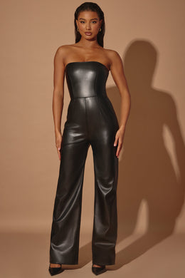 Petite Strapless Wide Leg Vegan Leather Jumpsuit in Black