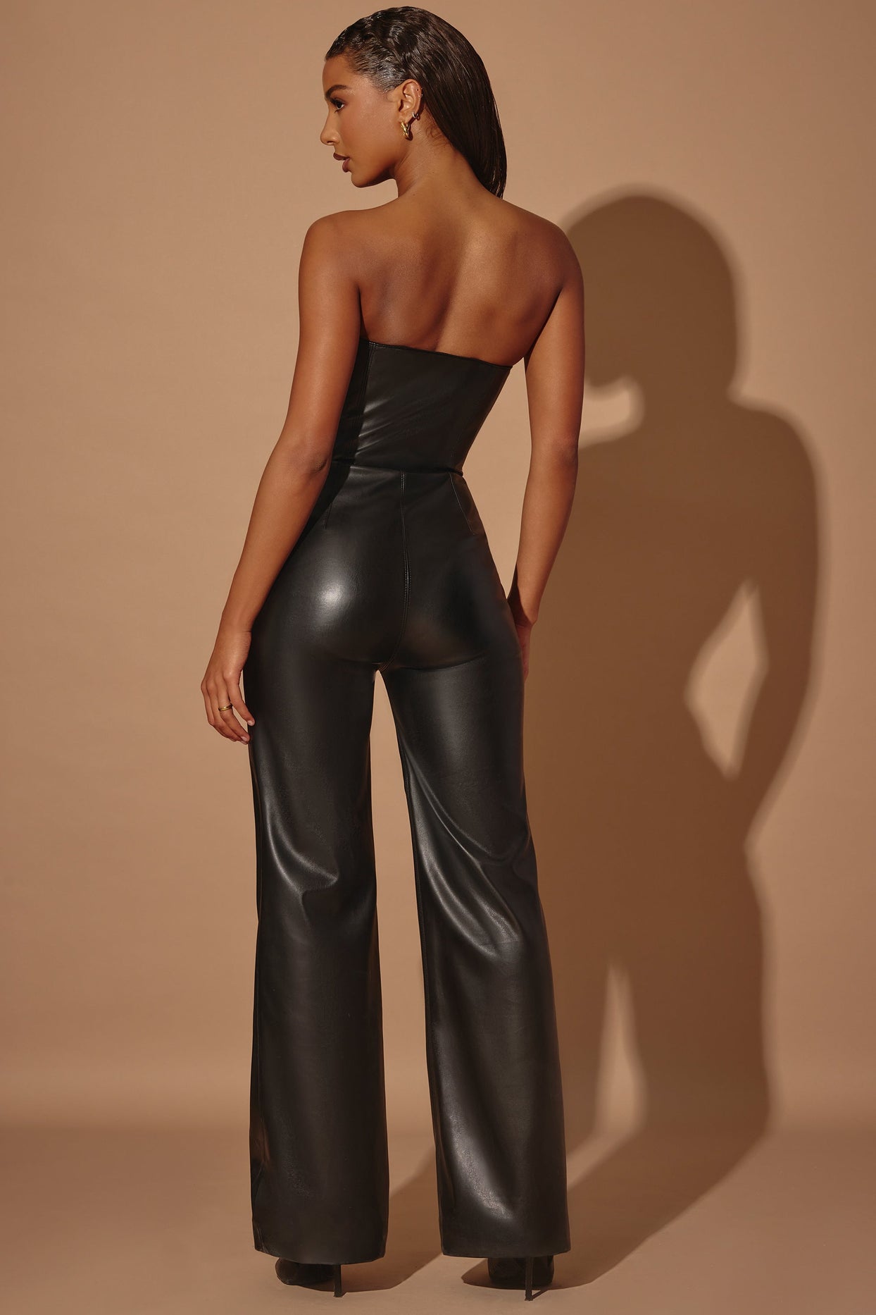 Strapless Wide Leg Vegan Leather Jumpsuit in Black