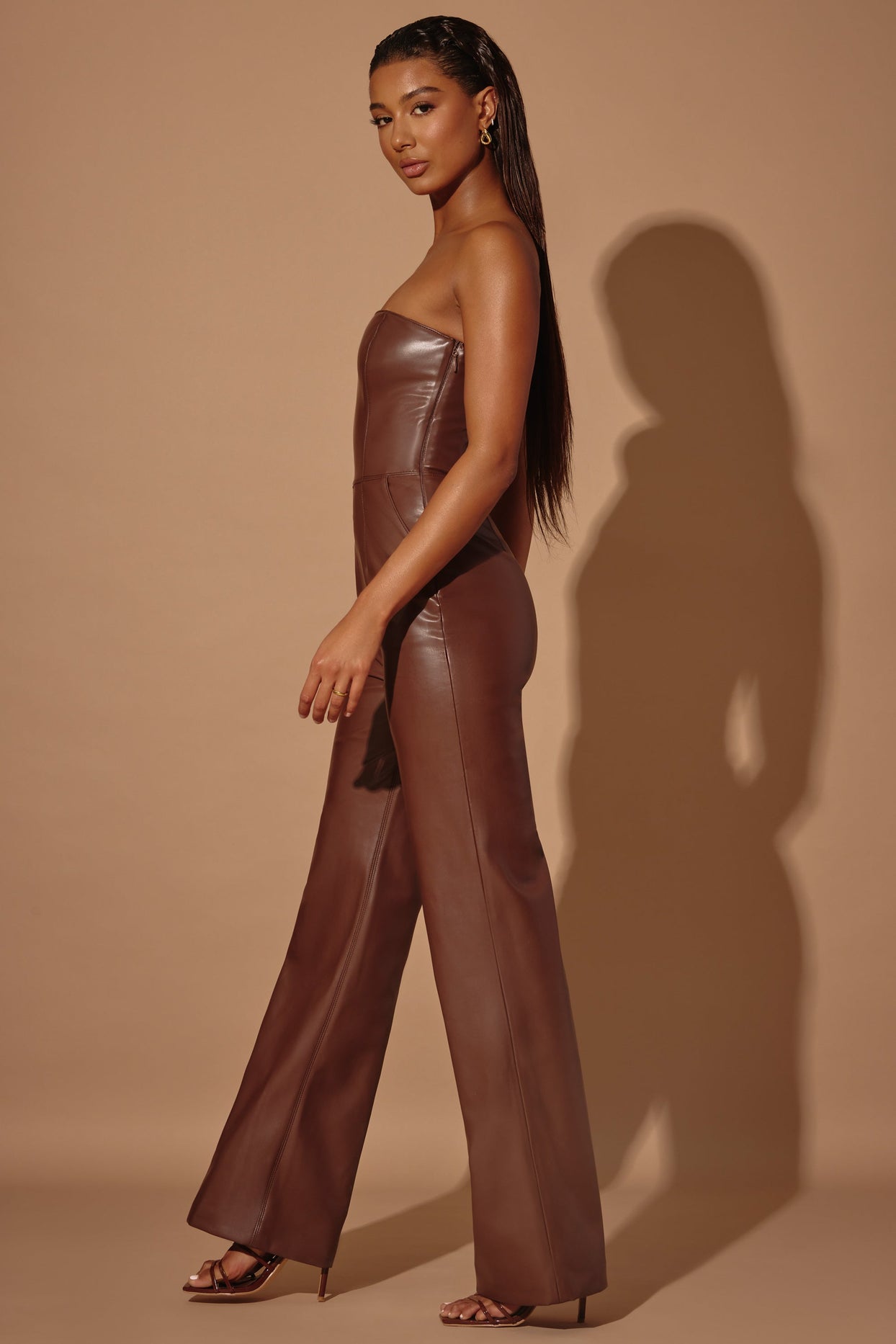 Strapless Wide Leg Vegan Leather Jumpsuit in Brown