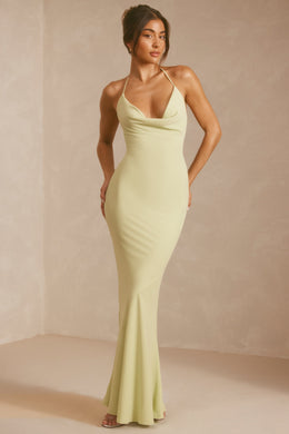 Georgette Cowl Neck Bias Cut Evening Gown in Pistachio