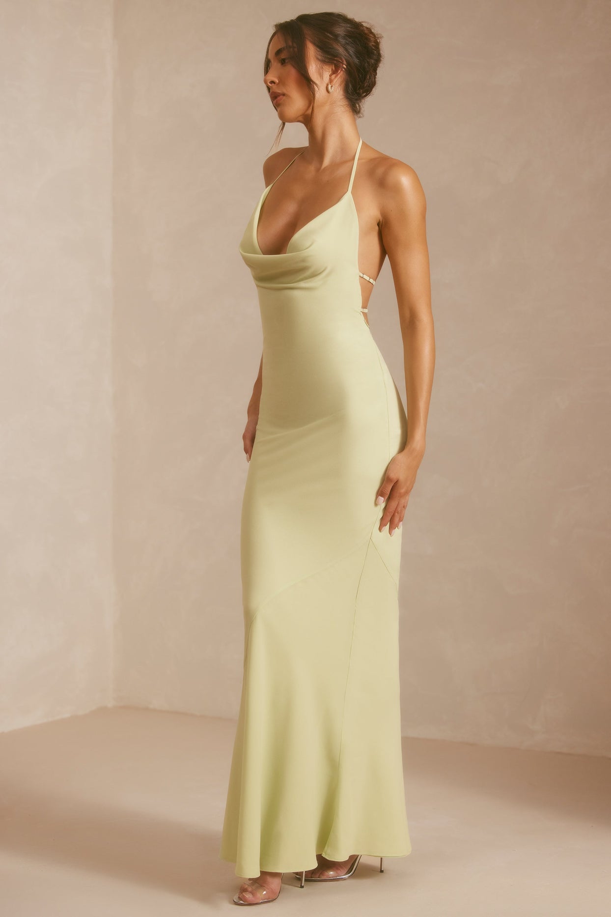 Georgette Cowl Neck Bias Cut Evening Gown in Pistachio