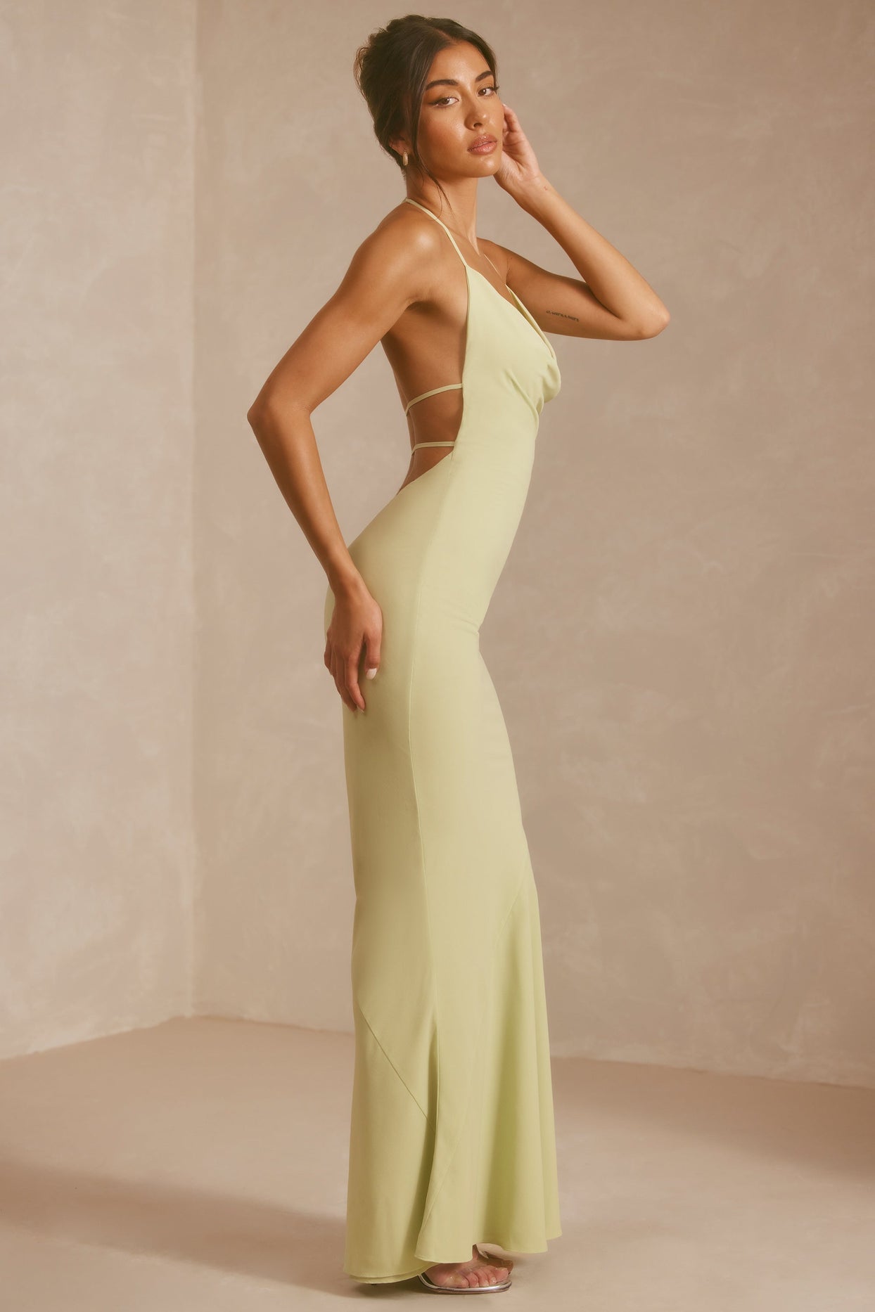 Georgette Cowl Neck Bias Cut Evening Gown in Pistachio