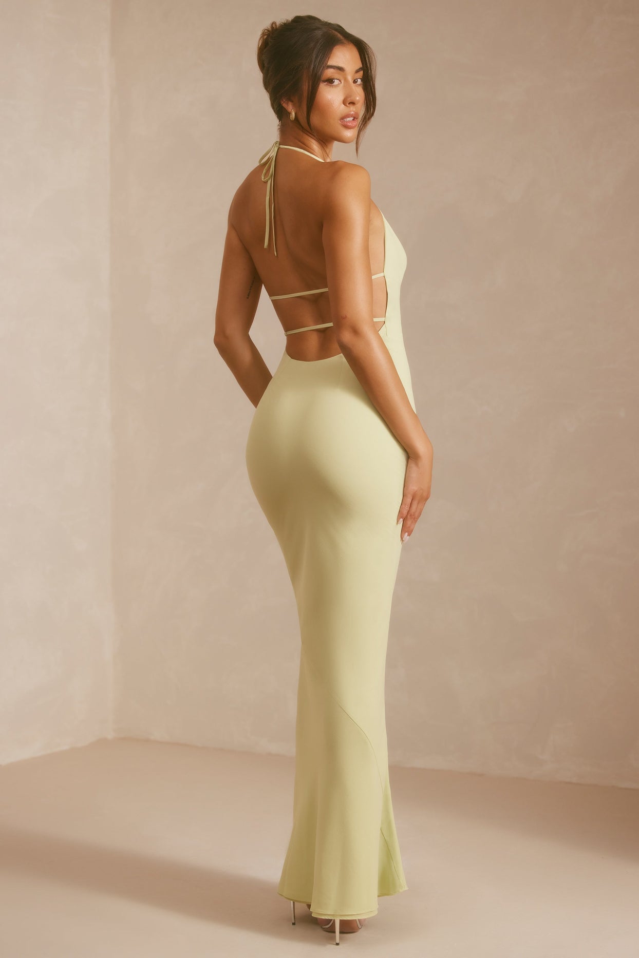 Georgette Cowl Neck Bias Cut Evening Gown in Pistachio