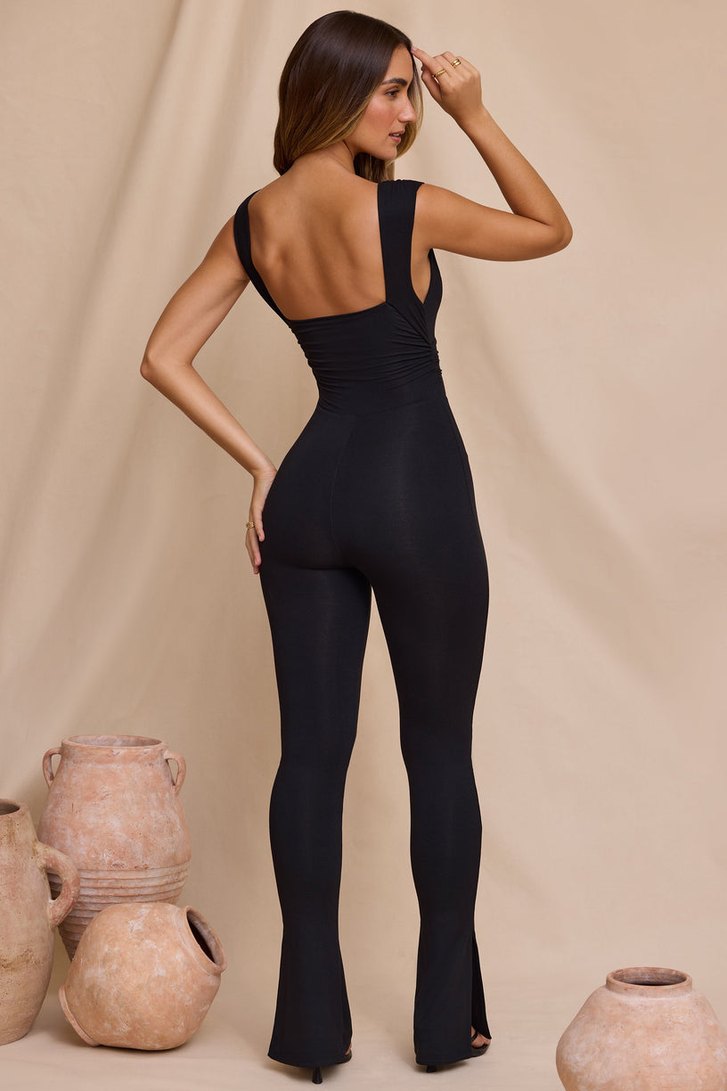 Plunge Neck Ruched Waist Jumpsuit in Black - 2