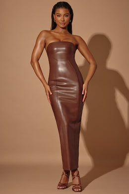 Strapless Vegan Leather Maxi Dress in Brown