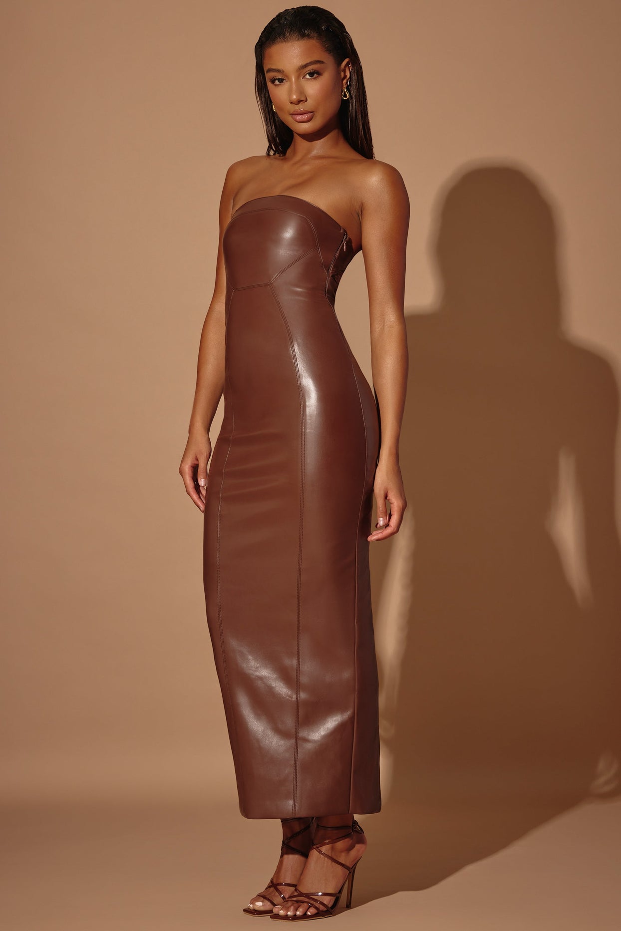 Strapless Vegan Leather Maxi Dress in Brown