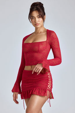 Lace Ruffle Mini Skirt in Cherry Red