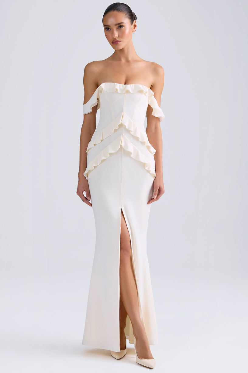 Off-Shoulder Ruffle-Trim Gown in Ivory - 1