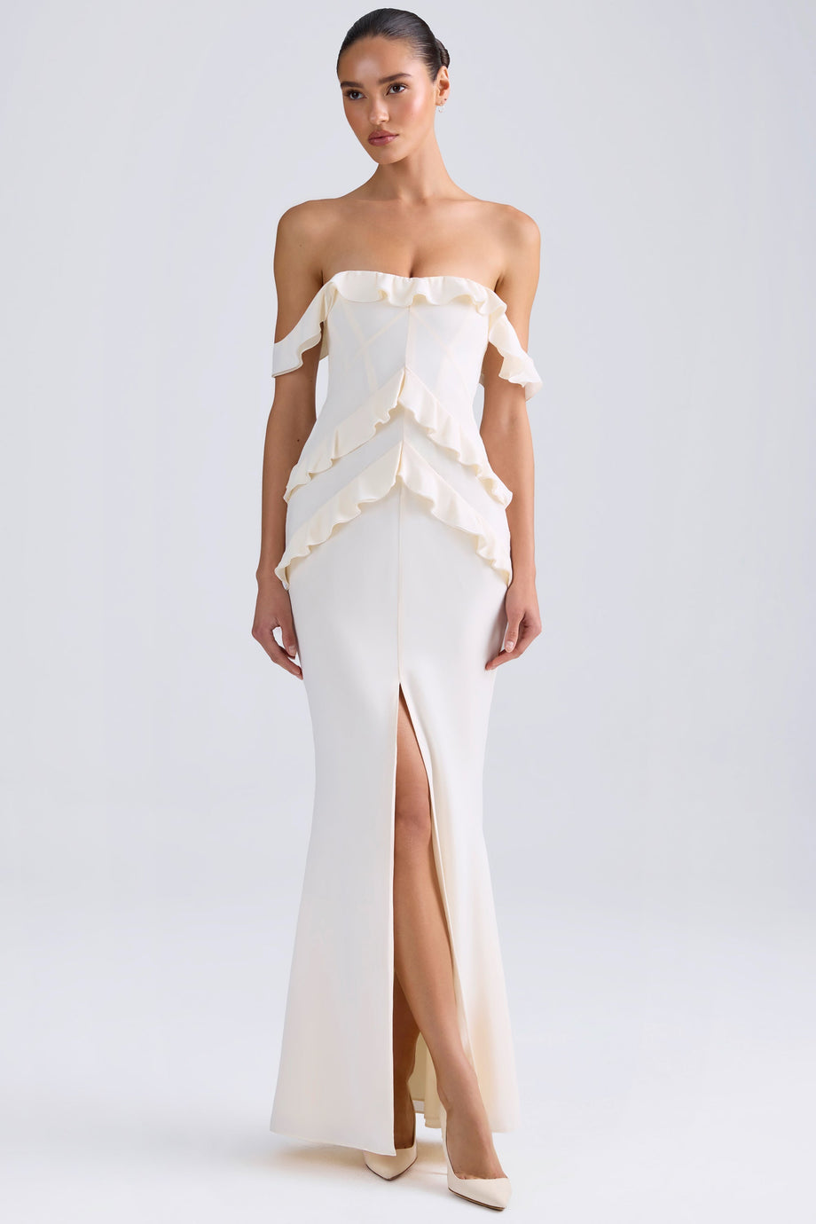 Off-Shoulder Ruffle-Trim Gown in Ivory