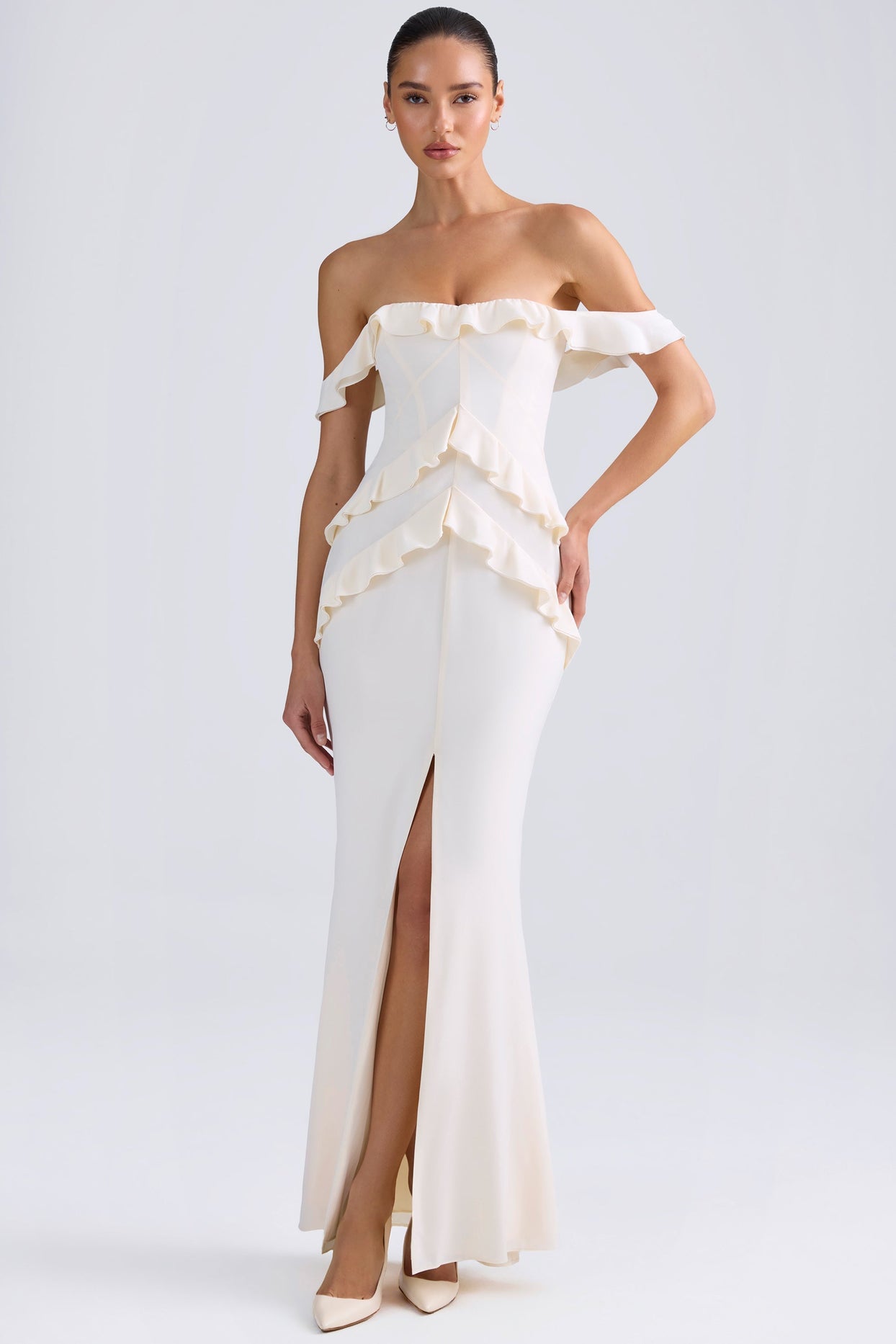 Off-Shoulder Ruffle-Trim Gown in Ivory